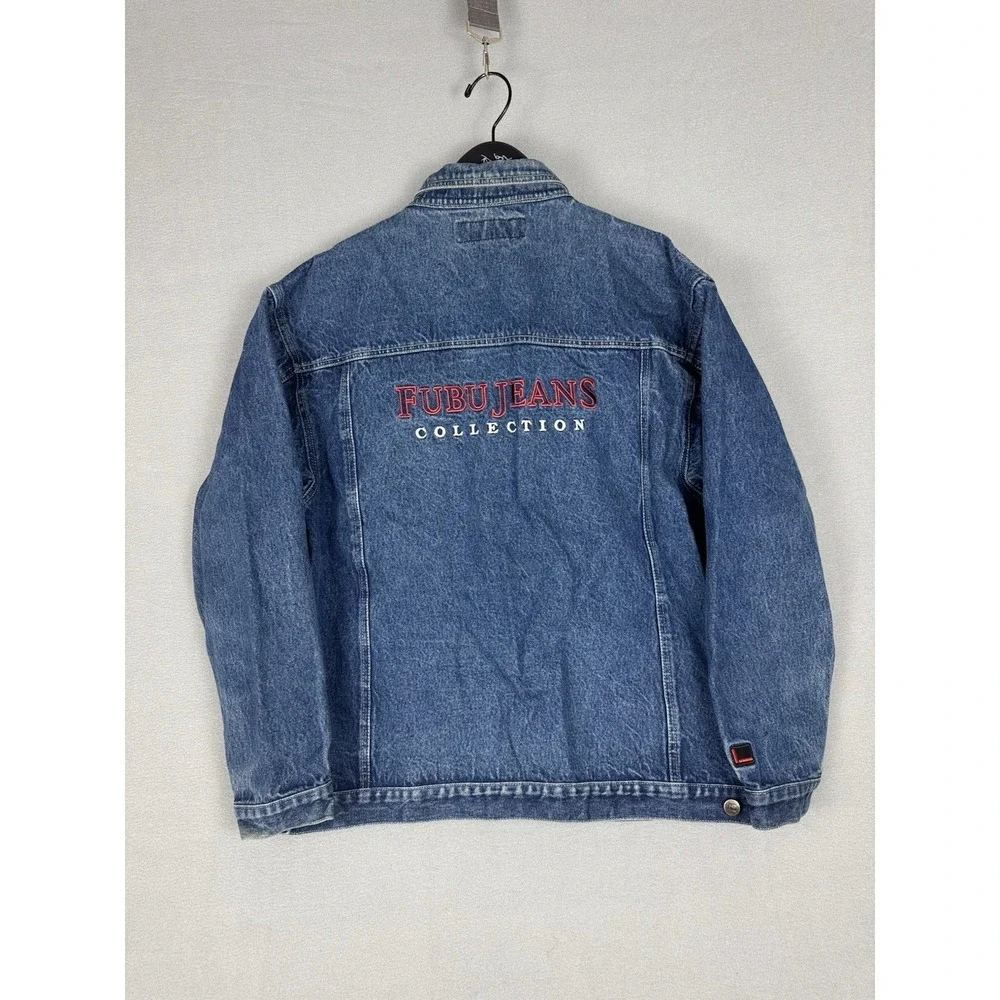 Vintage Fubu Collection Denim Blue Jean Trucker Jacket Pocket Button Mens XL Y2K